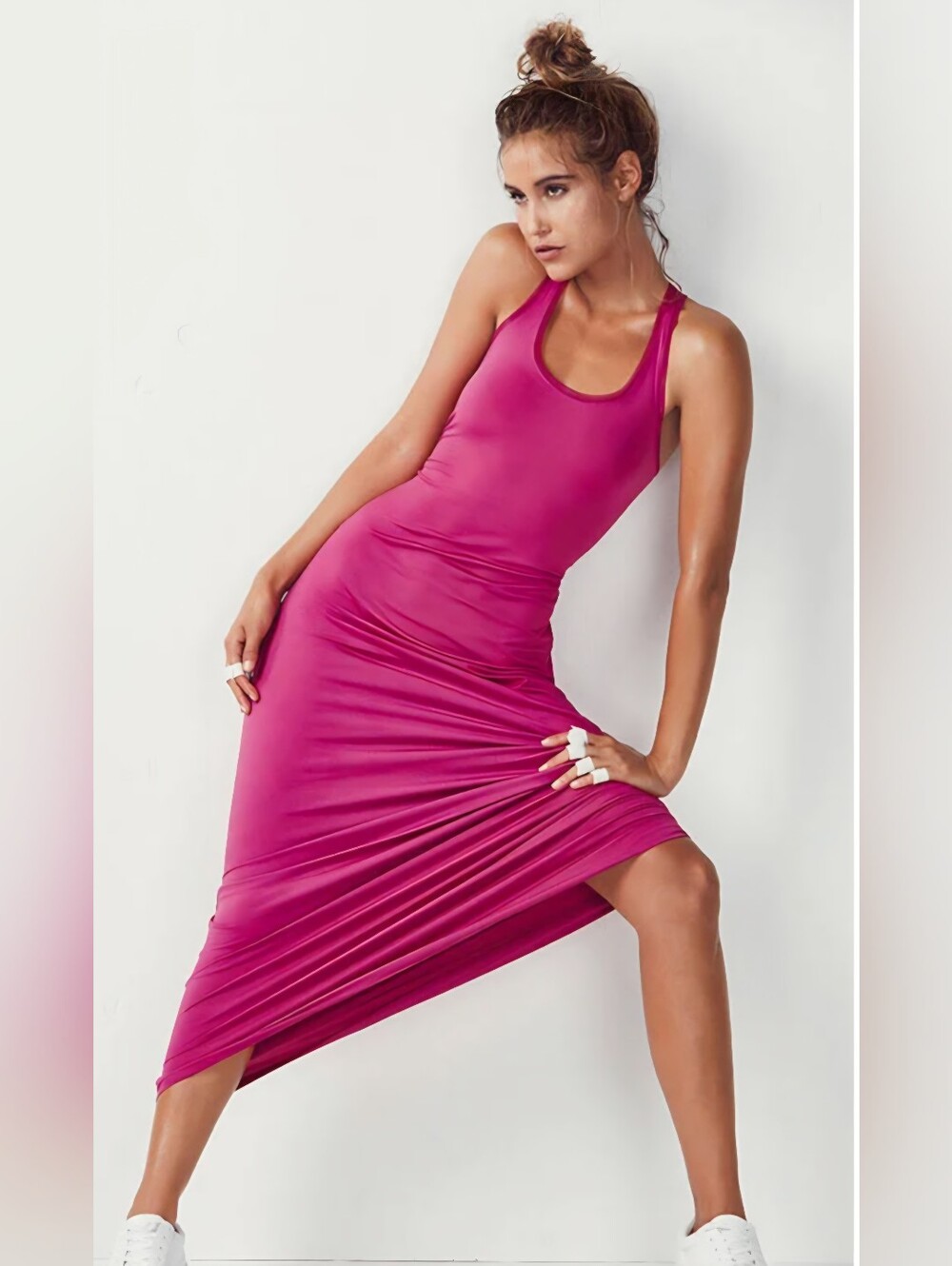 Fabletics Mosa Maxi Dress XS Berry Pink Racerback Mesh Athletic Stretch